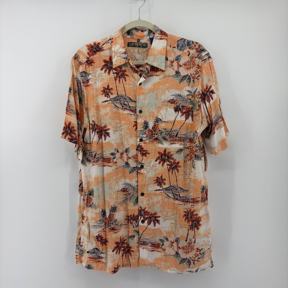 Campia Mens Medium Coral Tropical Palm Tree Rayon Short Sleeve Button Down Shirt